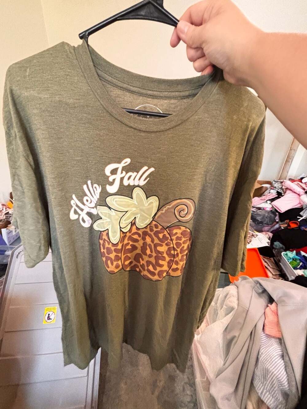 Jane Marie Hello Fall Leopard Pumpkin Graphic Tee Olive Green XXL